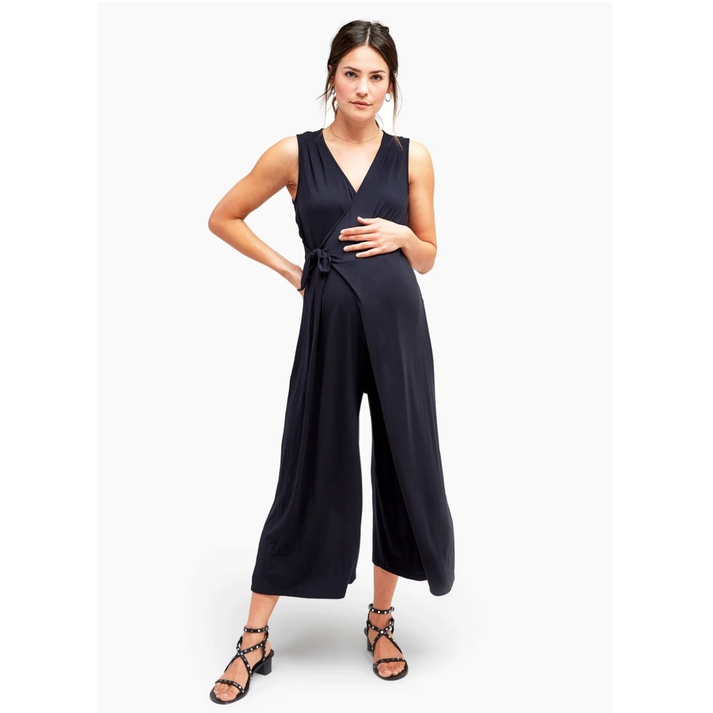 NOM Francesca Maternity Nursing Jumpsuit Black Large Bamboo Wide Leg Wrap